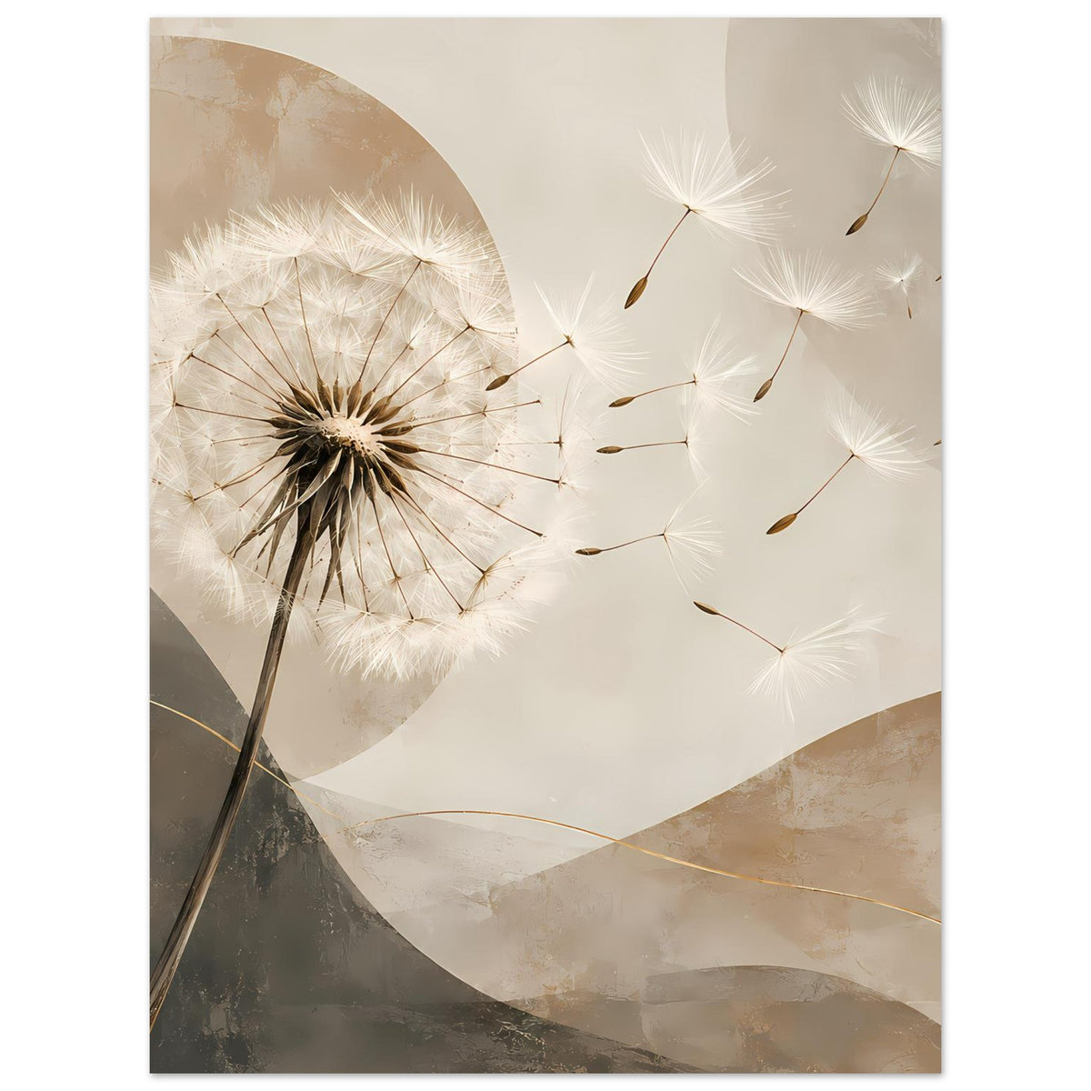 Wandposter hochkant: weiße Pusteblume links, verstreute Samen rechts, beige-graue Abstraktion