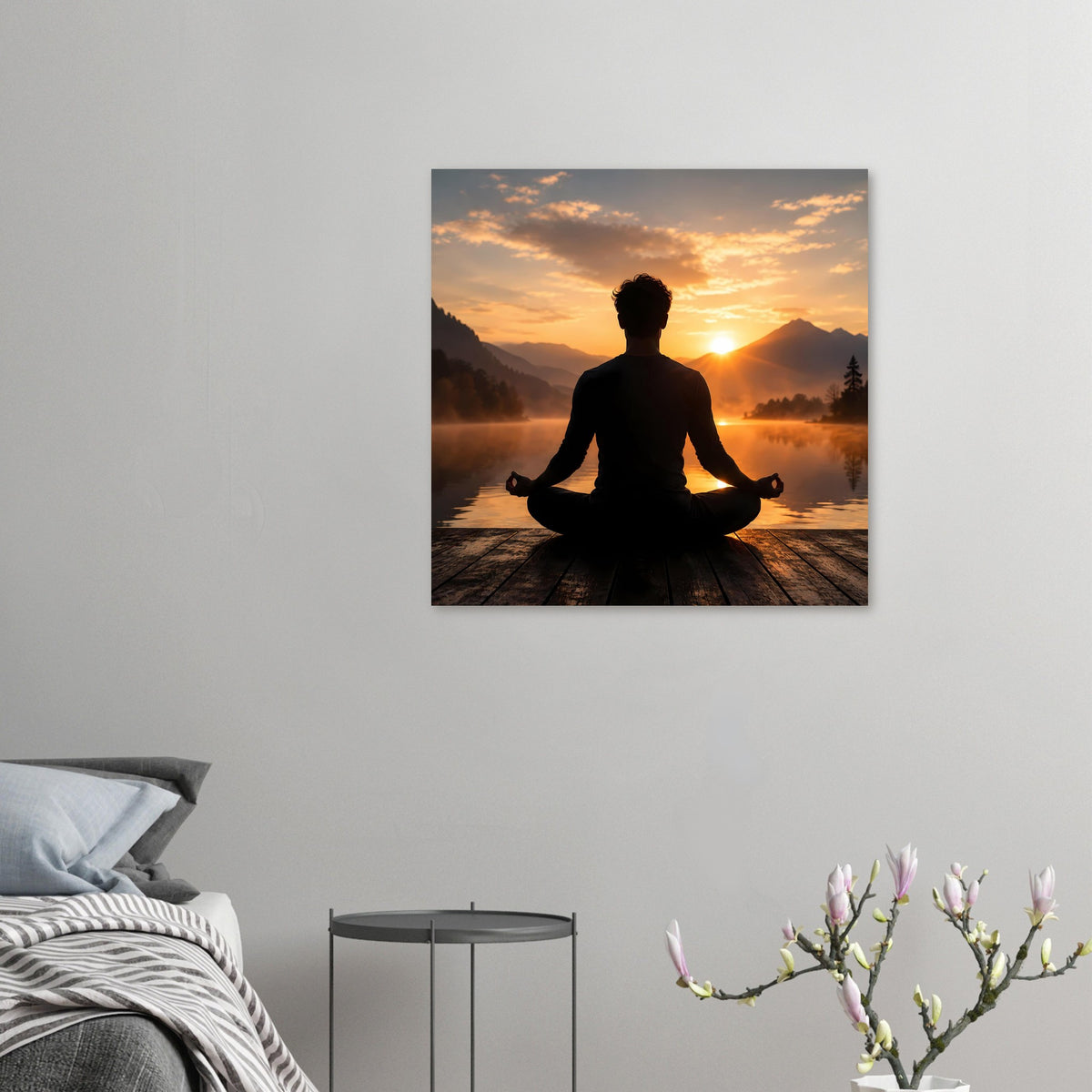 Meditations-Poster mit kleiner Darstellung der Silhouette im Sonnenuntergang am See