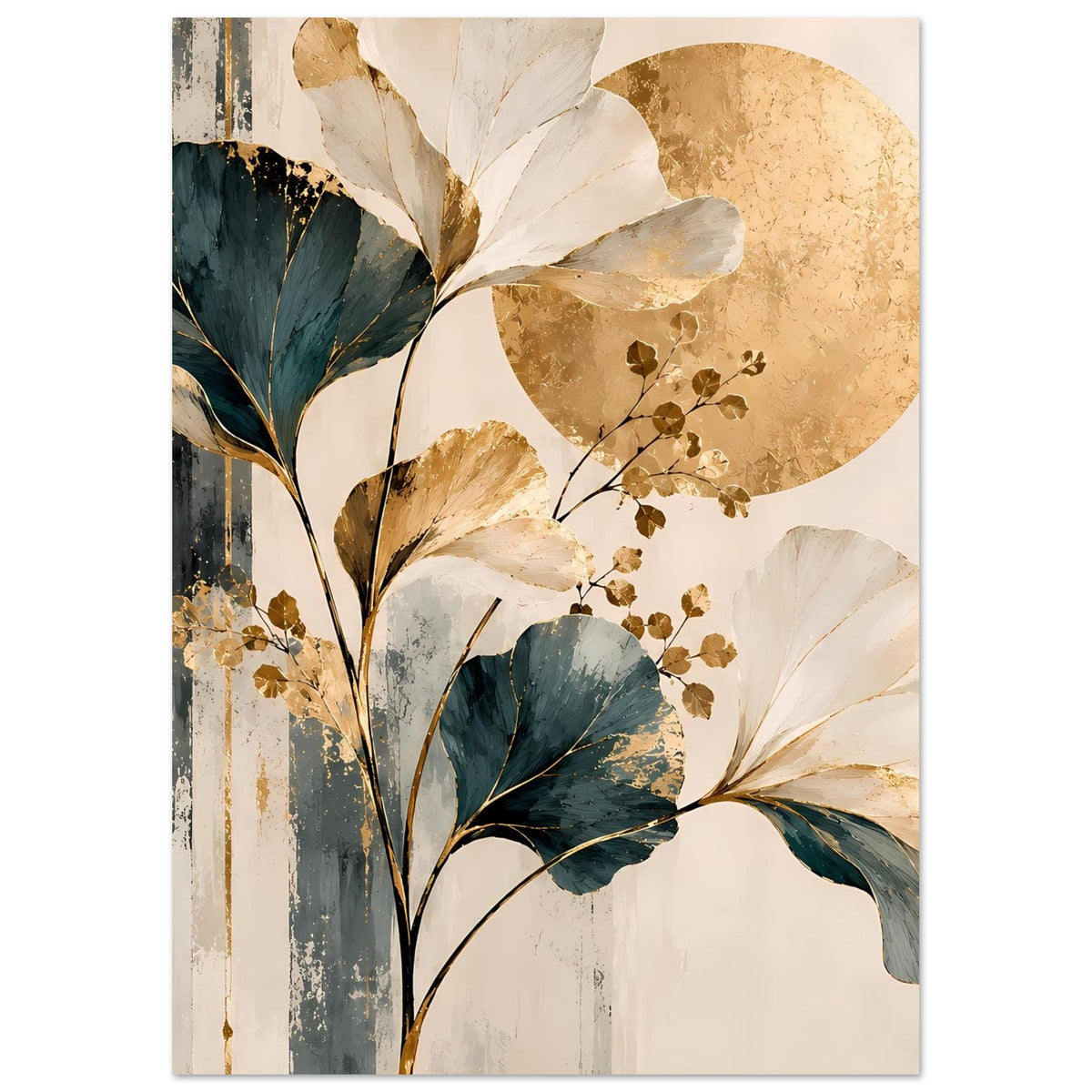 Poster mit Ginkgoblättern in Gold und Dunkelgrün sowie abstrakter Sonnenscheibe