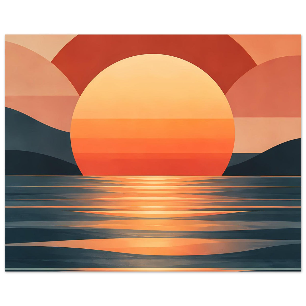 Kunstdruck/Poster: große Sonne im Halbkreis, warme Orange- und Rottöne über dunkelblauem Meer.