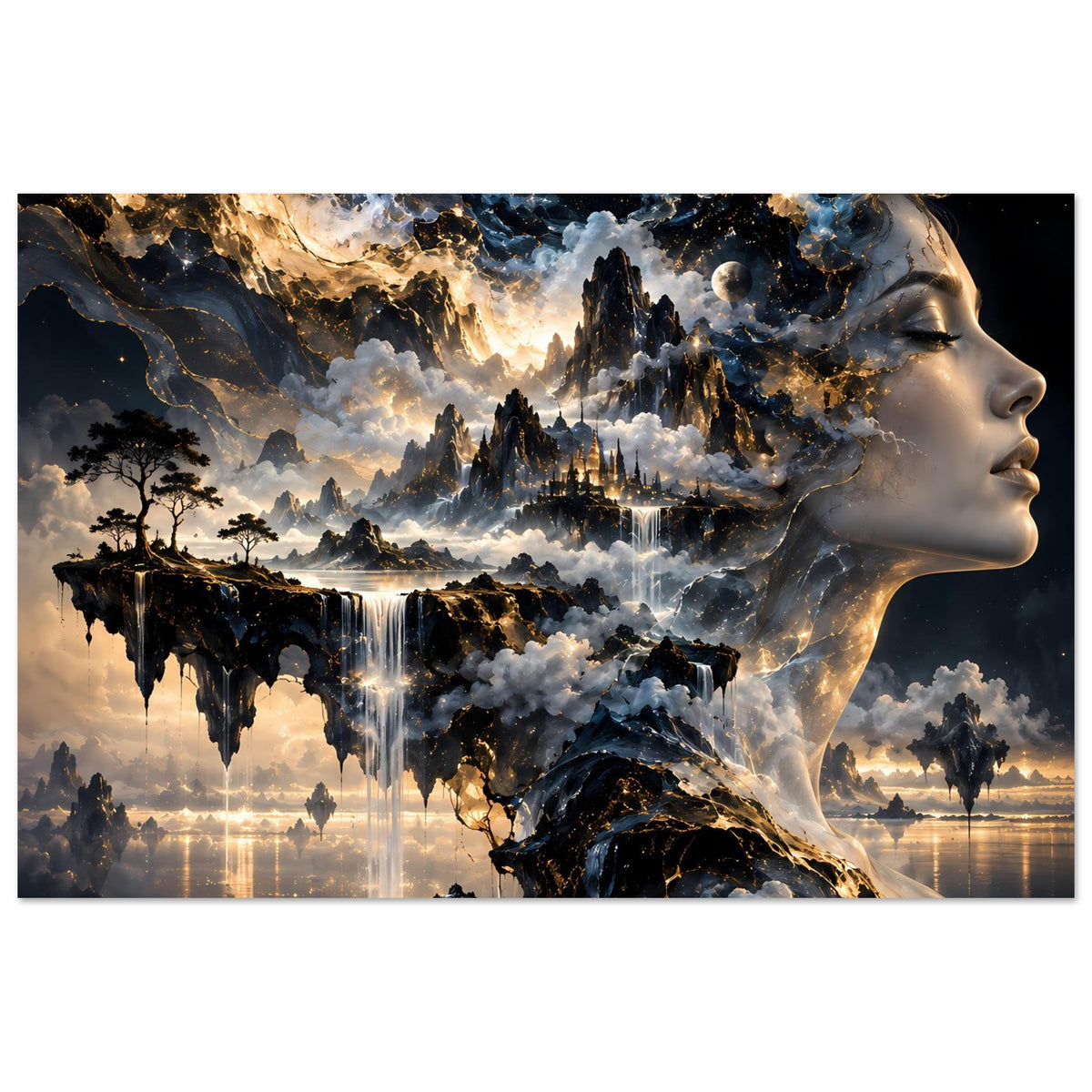 Kosmos-Poster im Querformat: seitliches Gesicht mit Monden, Sternen und goldenen Wolken