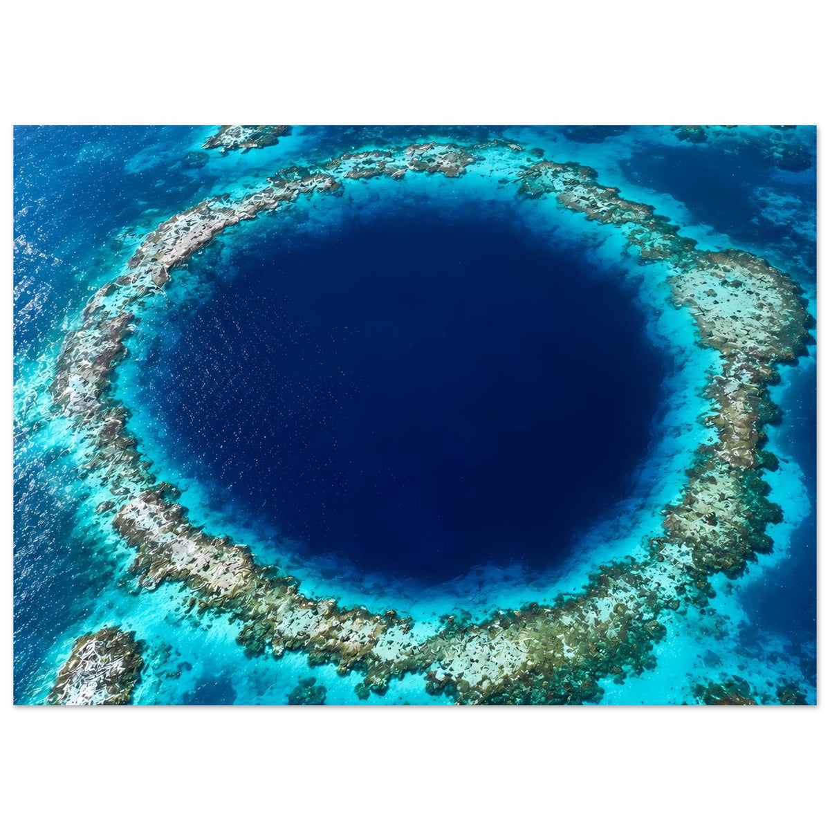 Horizontales Wandposter mit blauem Unterwasserkrater und Korallenrand