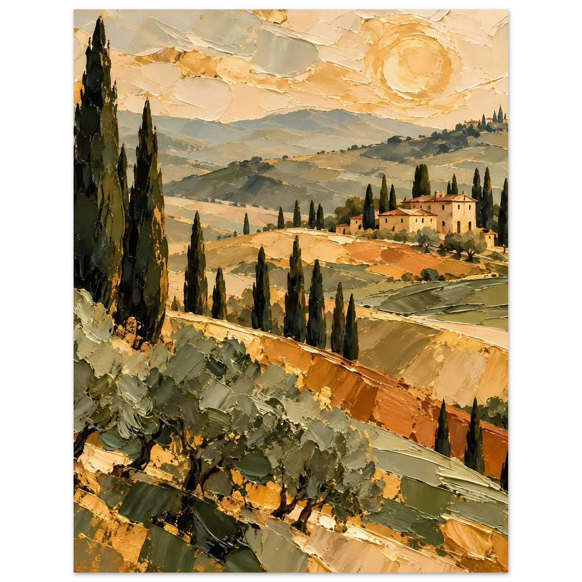 Poster im Senkrechtformat mit Tuskanischer Landschaft, goldenen Pinselstrichen und Zypressen