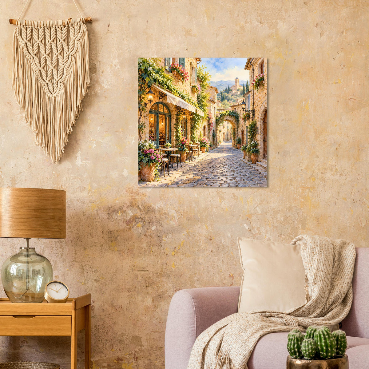 Wandposter einer mediterranen Gasse mit Blumen und Kopfsteinpflaster
