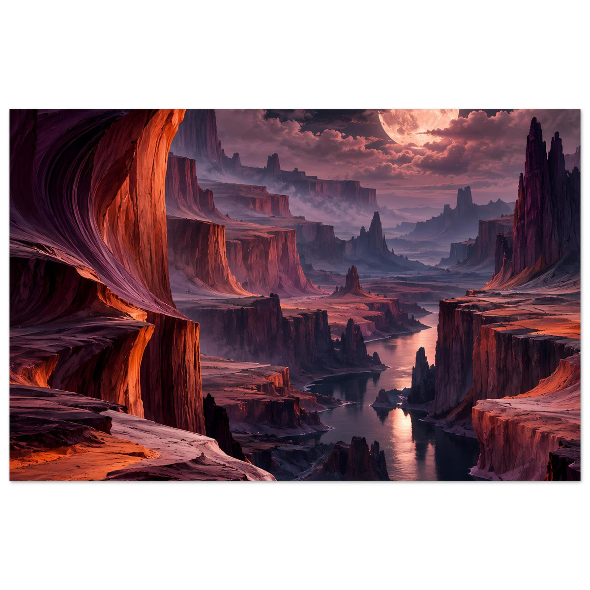 Horizontales Landschaftsposter mit Canyon-Landschaft in Rot- und Violetttönen und Mond am Himmel
