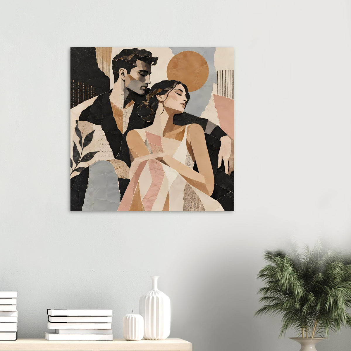Kunstposter mit abstraktem Paarporträt, erdige Farben, schwarzer Hintergrundbereich und beige Segmente