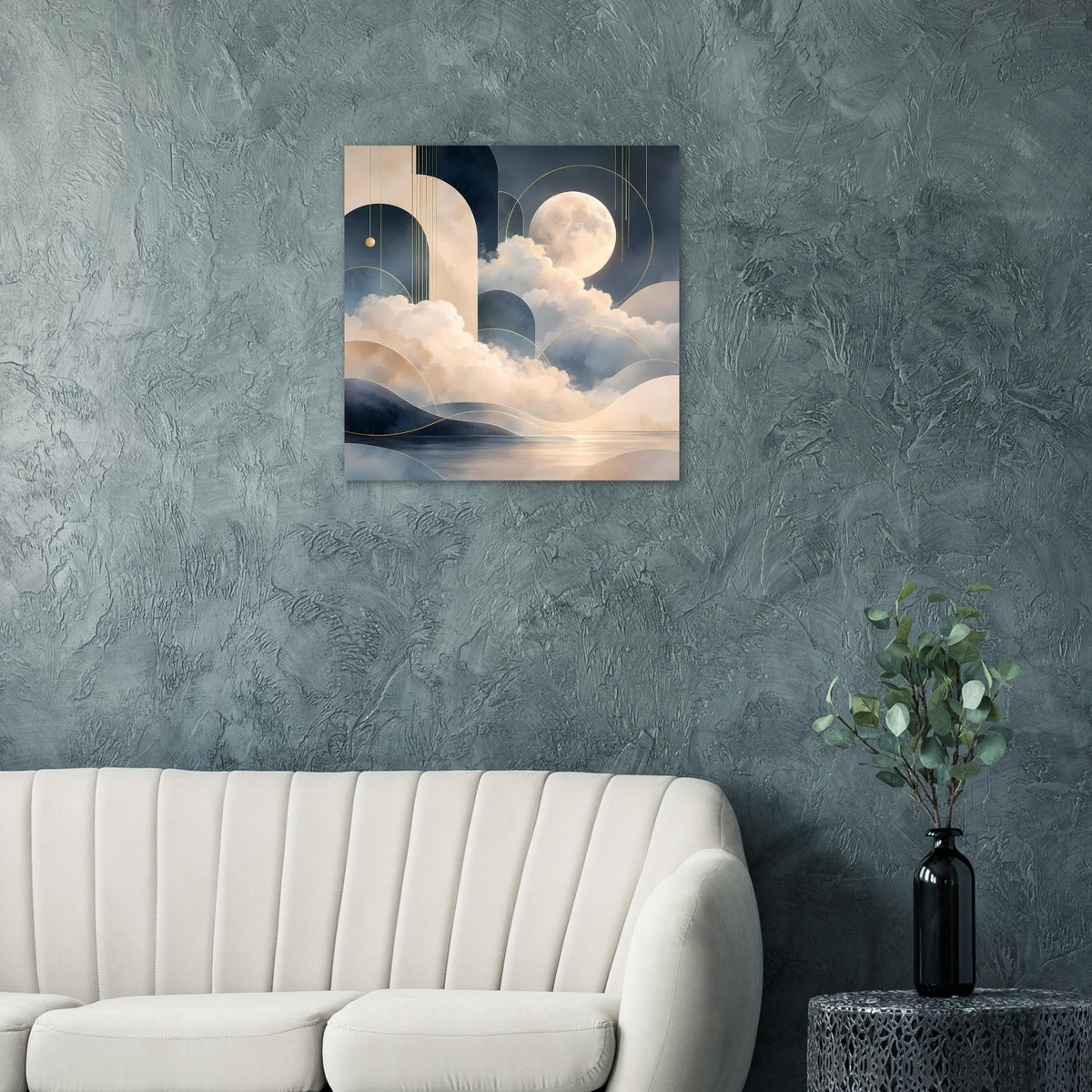 Abstraktes Mondlandschafts-Poster mit goldenen Akzenten, Mond über Wolken in Blau-Grau
