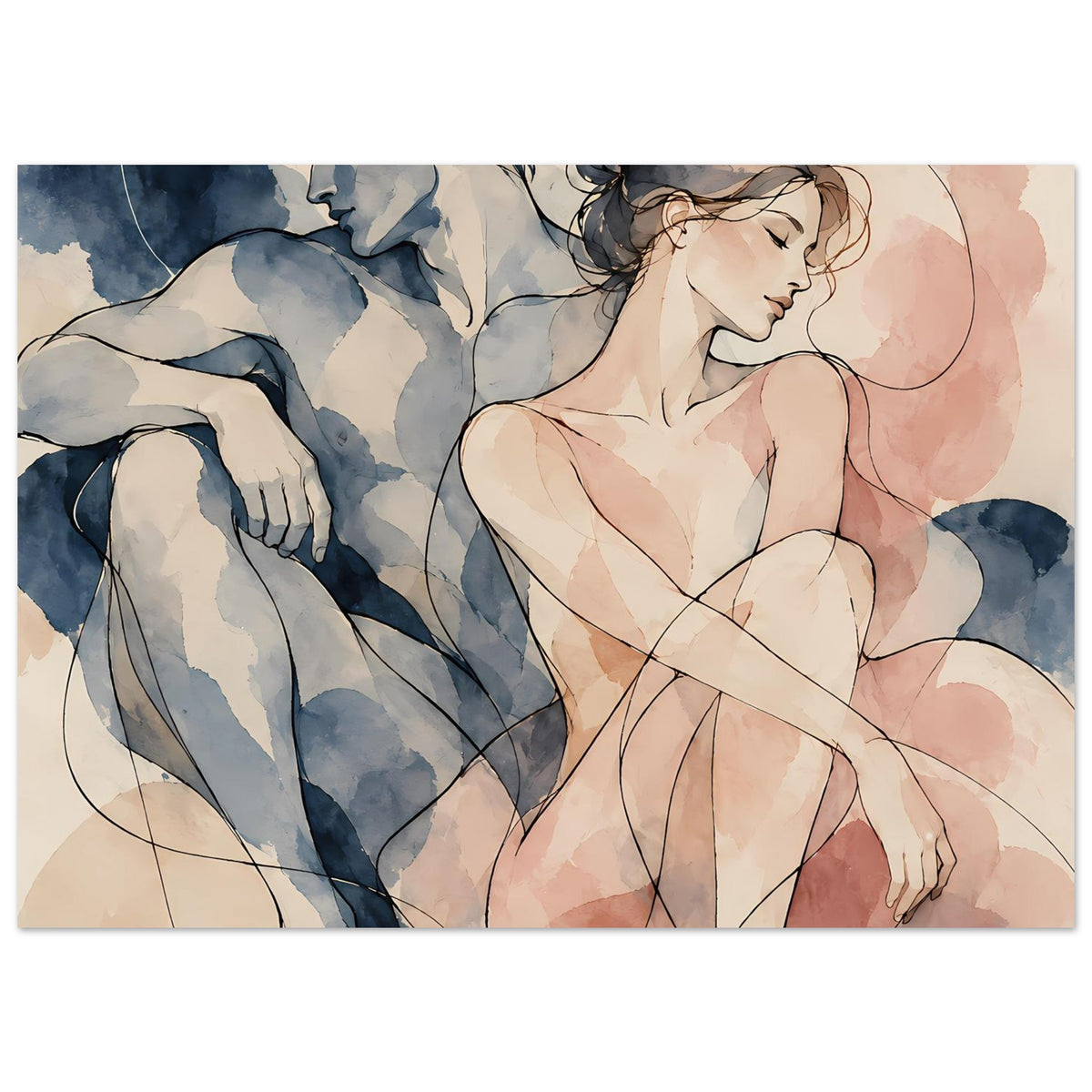 Aquarell-Paarposter im Querformat: Frau in beigem Rosa, Mann in Blau, mit geschwungenen Linien