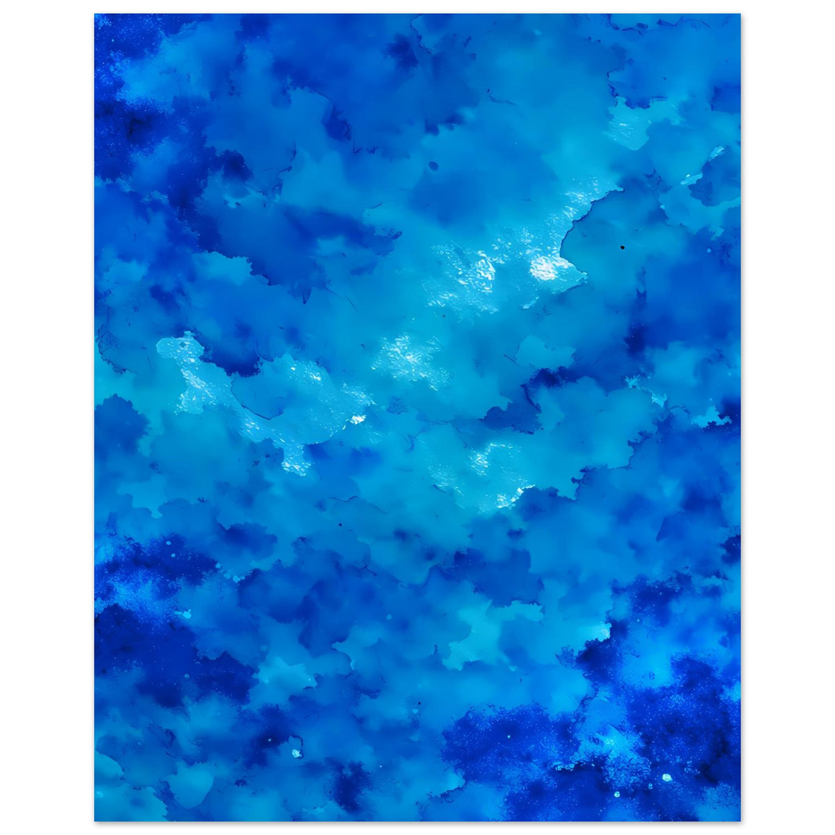 Blaues Kunstposter mit wolkigen Mustern, Sprenkeln und hell glänzender Stelle