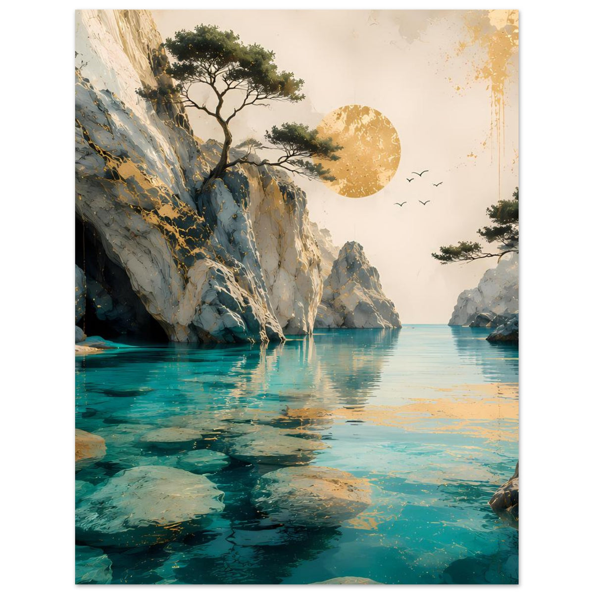 Landschaftsposter (vertikal) mit türkisfarbenem Wasser, Felsklippen, Bäumen und goldener Sonne