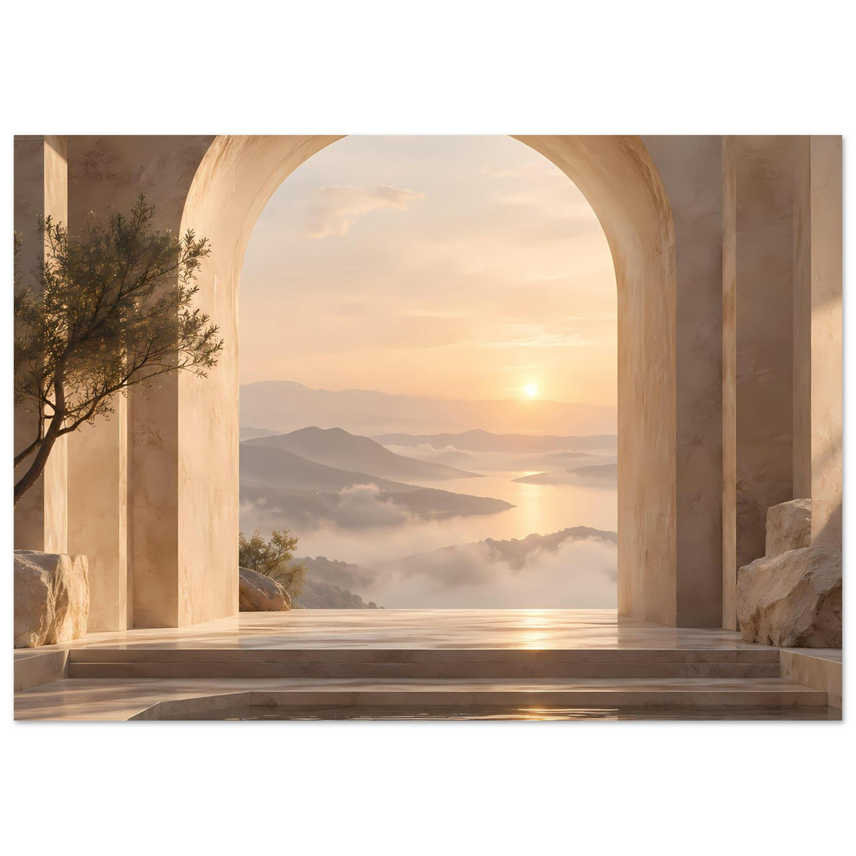 Wandposter mit Rundbogen, Sonnenaufgang über Berglandschaft, Nebel und spiegelndem Wasserbecken