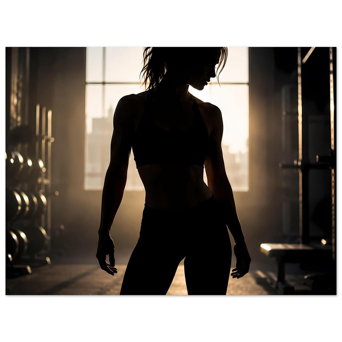 Fitnessposter im Querformat mit Silhouette einer Sportlerin im Fitnessstudio