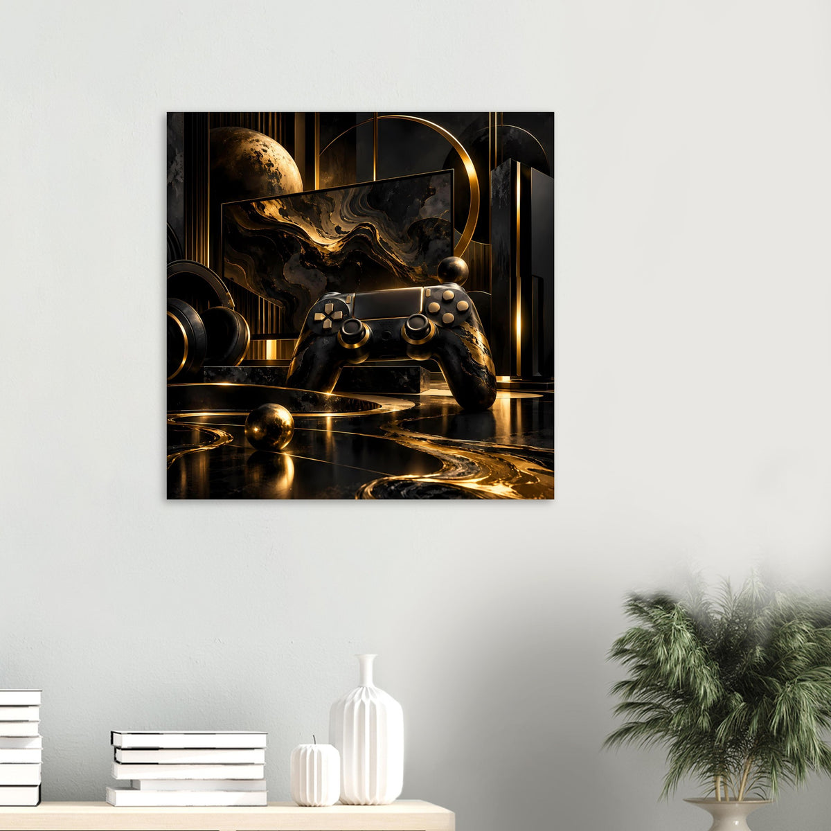 Kleines Gaming-Poster in Schwarz und Gold mit Gamecontroller und goldenen Lichtlinien