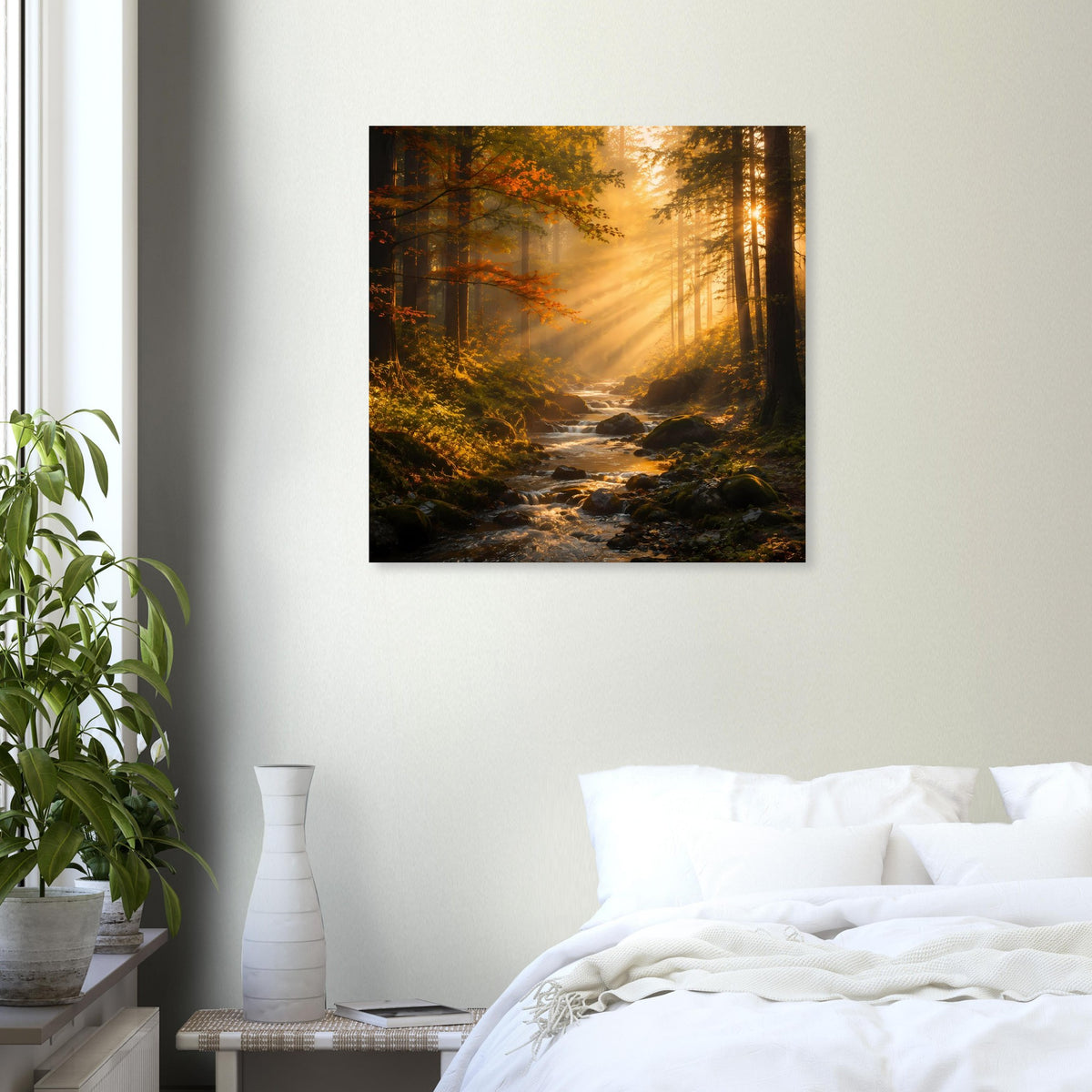 Quadratisches Poster mit Waldlichtung im Sonnenaufgang, Pfad durch den dichten Wald