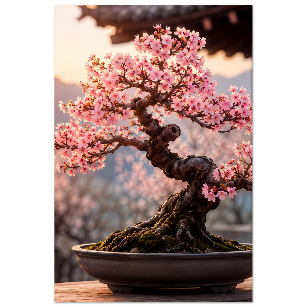 Poster im Hochformat: Bonsai mit rosa Blüten und dunklem Stamm in brauner Schale