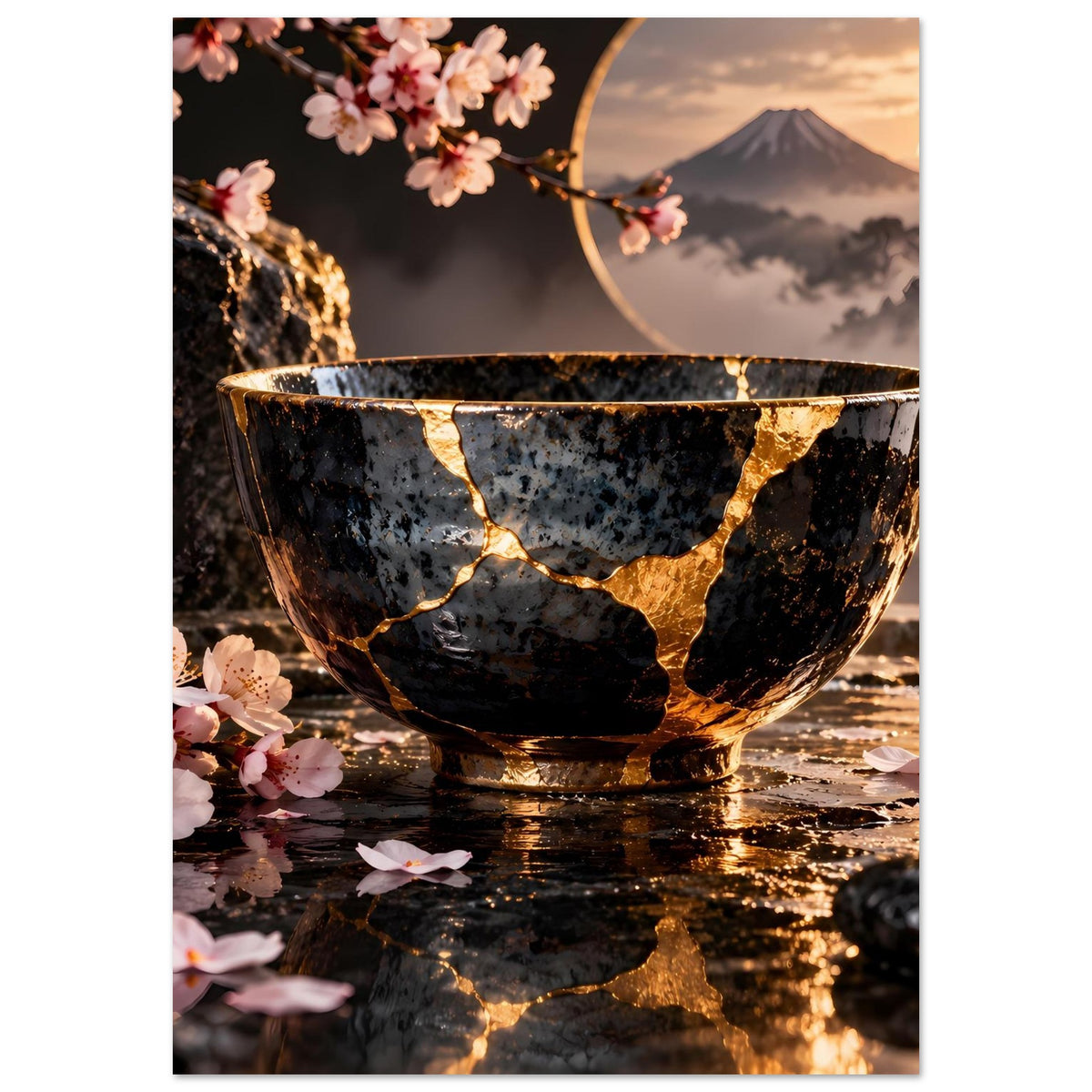 Kintsugi-Elegance-Poster: zentrale schwarze Schale mit goldener Risszeichnung und Kirschblüten