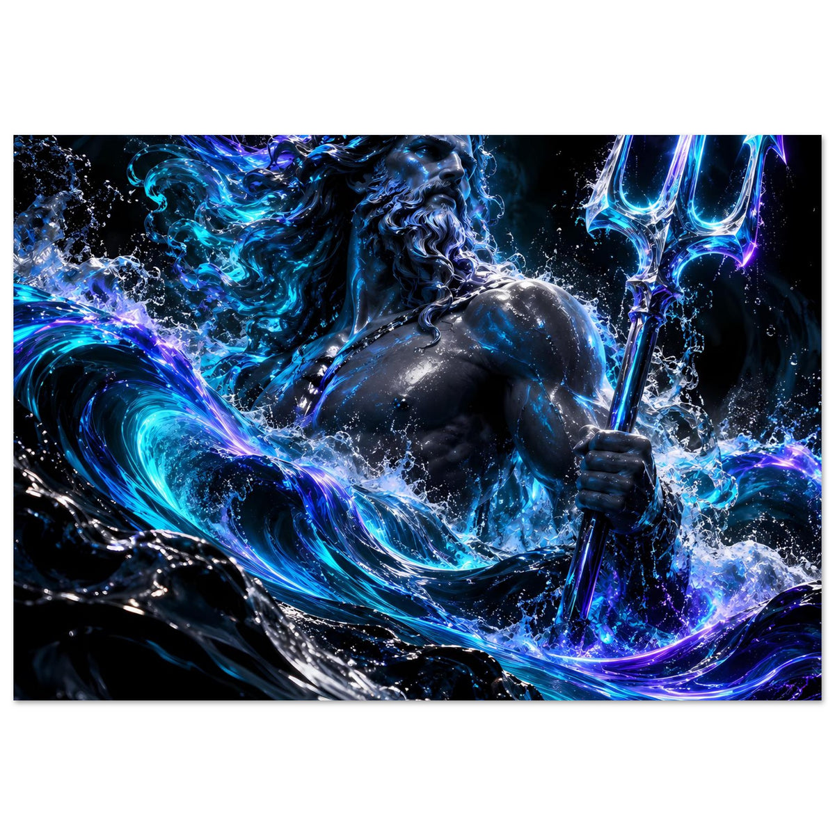 Querformat-Poster mit Poseidon und Dreizack, dynamische blaue Energie, Wasserwirbel