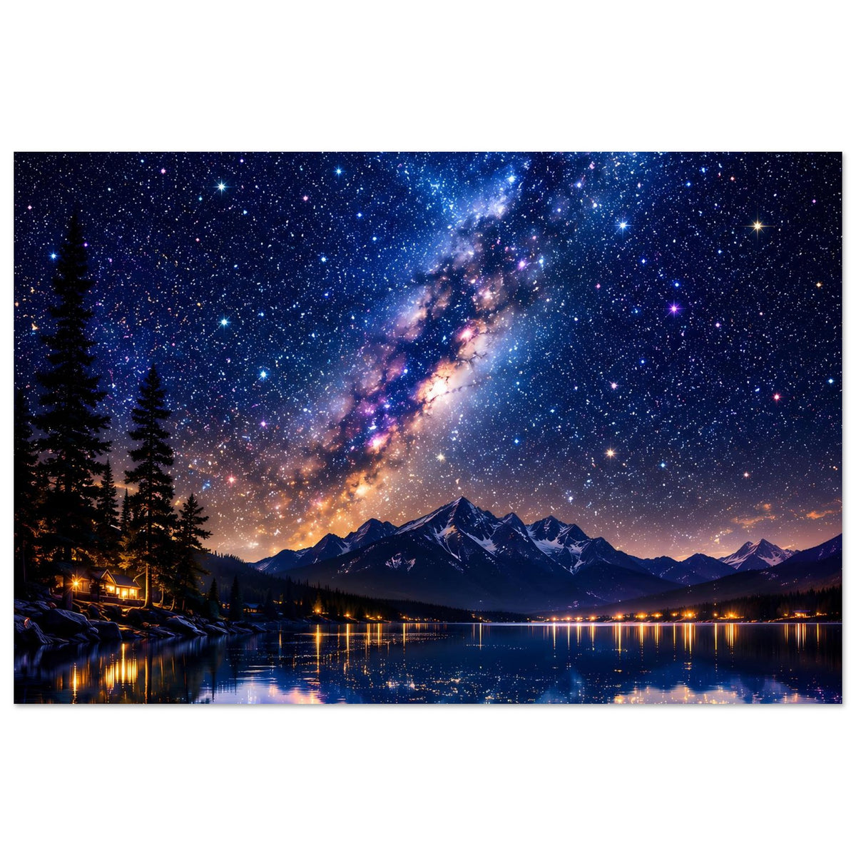 Horizontales Poster: Sternenhimmel mit Milchstraße, Berge und ruhiger See