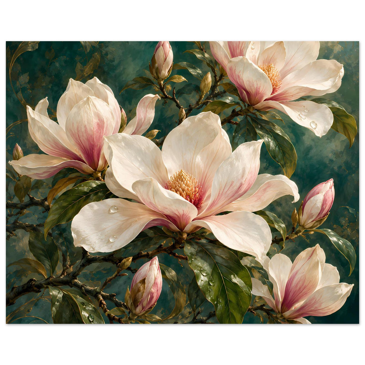 Breites Magnolien-Poster in Creme und Rosa, mehrere Blüten auf verzweigtem Ast.