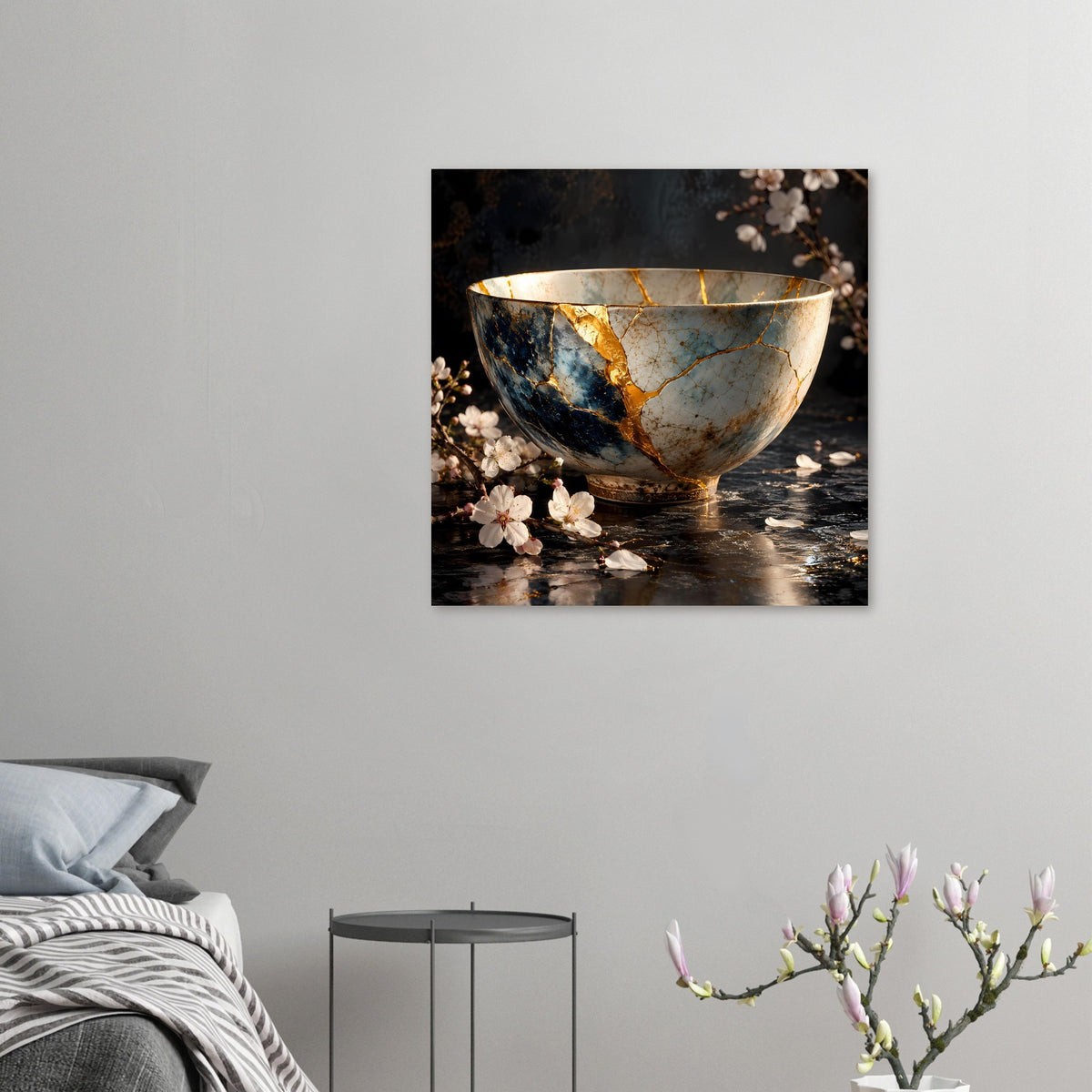Kunstposter im Querformat mit Kintsugi-Schale und weißen Blüten, goldene Risse im Motiv