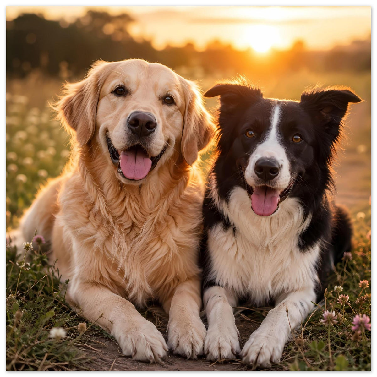 Hunde-Porträt-Poster mit goldenem und schwarzem Hund, beide mit offenem Maul, warmes Licht