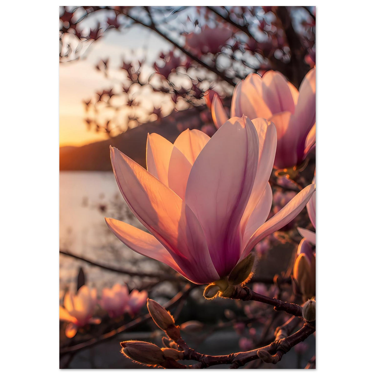 Blumenposter mit Magnolienblüten auf Ast, pastellige Rosa- und Lilatöne