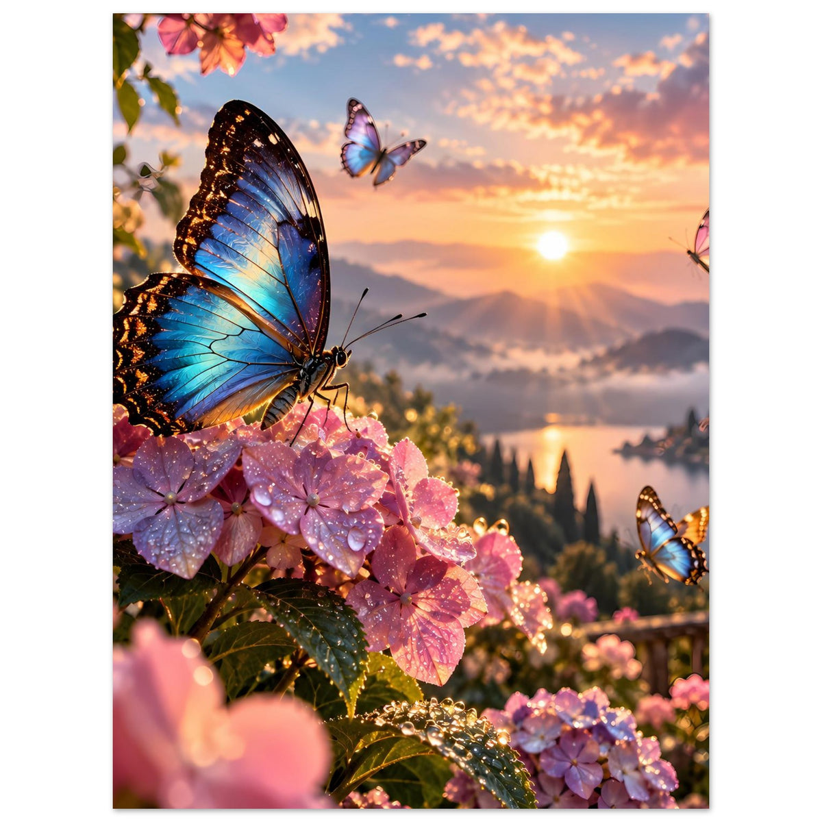 Poster: blaue Schmetterlinge auf rosa Blüten mit Sonnenuntergang und Berge