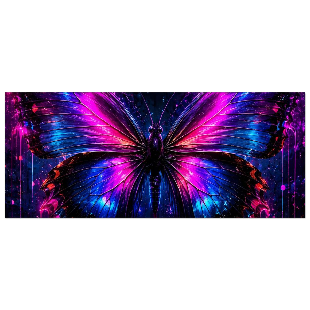 Neon-Schmetterling Poster im Querformat mit leuchtenden Flügeln, Fokus auf die Mitte