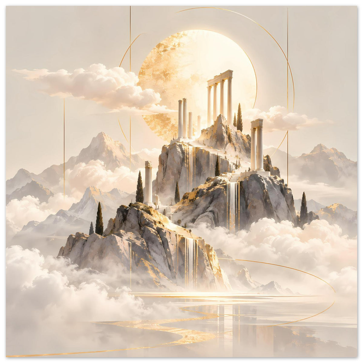 Querformat-Poster: goldene Tempelsäulen auf felsigen Gipfeln, umgeben von Wolken und Lichtlinien
