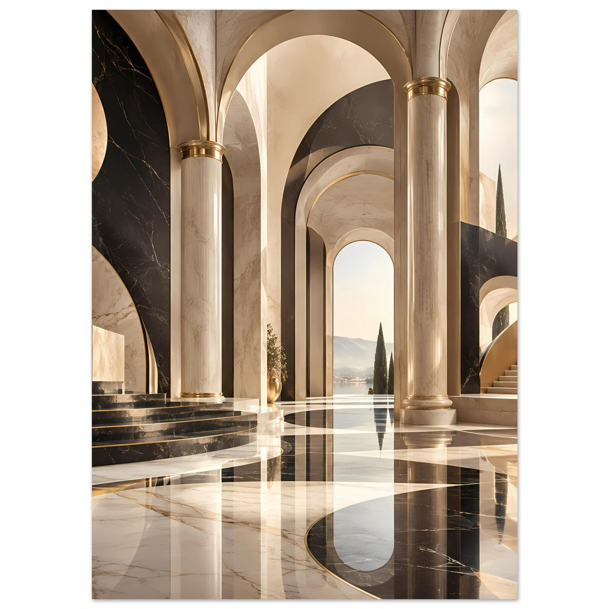 Architektur-Poster mit Marmormuster in Schwarz, Gold und Beige, lange Reihe Säulen