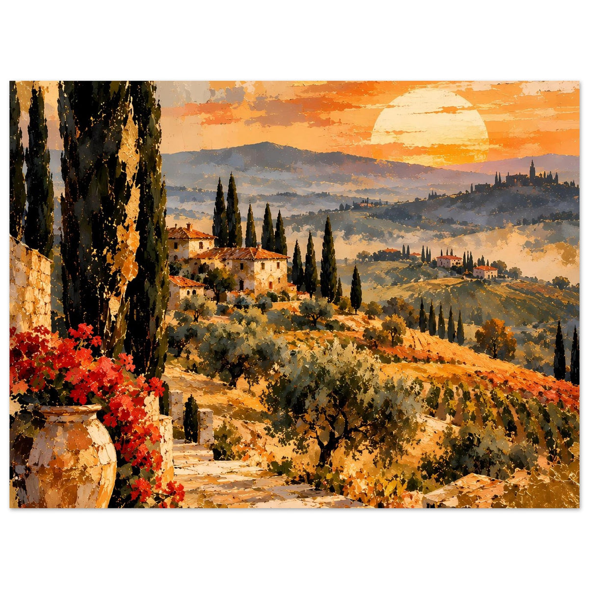 Horizontales Poster Toskana im Abendlicht: orange Himmel, Zypressen, rote Blumen und Weg