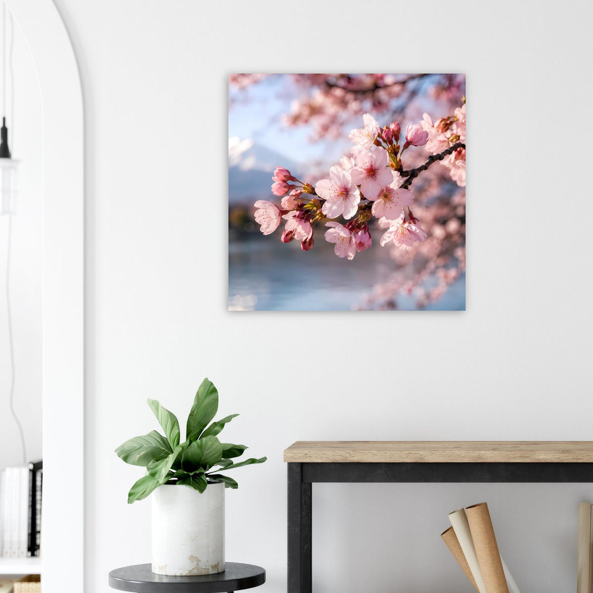 Quadratisches Poster mit rosa Kirschblüten an einem blühenden Ast