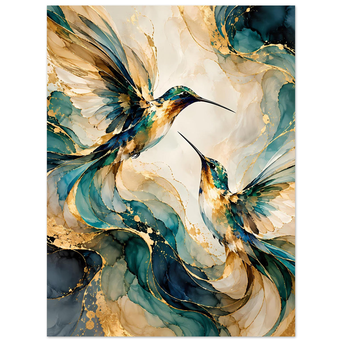 Vogelposter mit zwei Kolibris, weit ausgebreiteten Federn, Blau- und Goldtönen