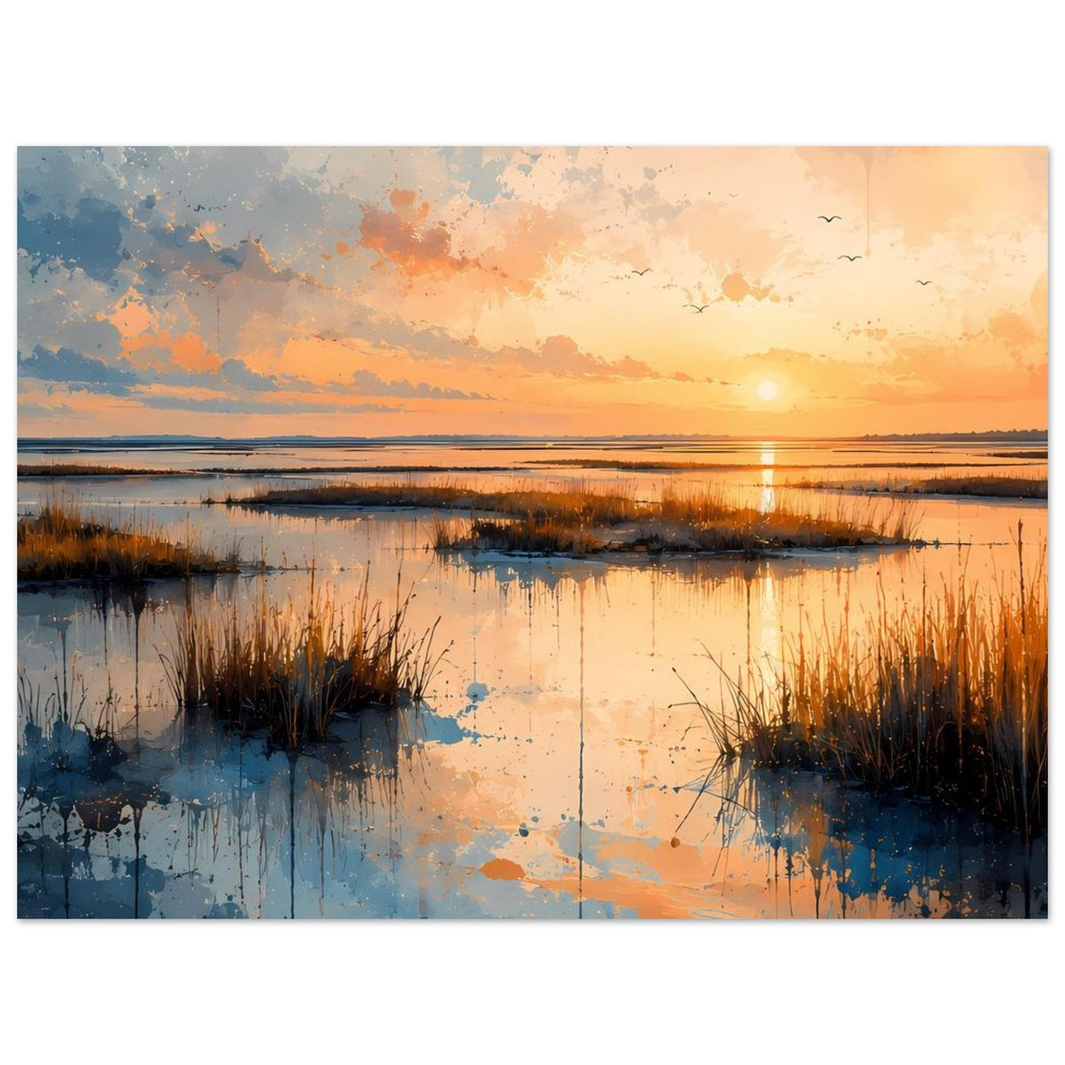 Poster mit Sonnen am Horizont, Küstenlandschaft mit Schilf im Vordergrund und Wasserreflexion