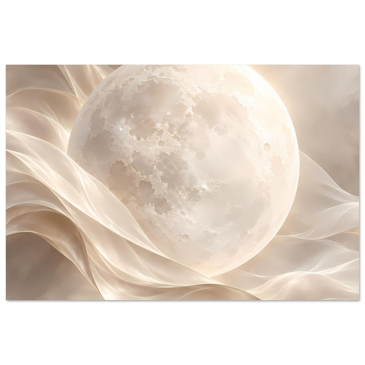 Poster mit weißem Vollmond und geschwungenen, beigen Wellen