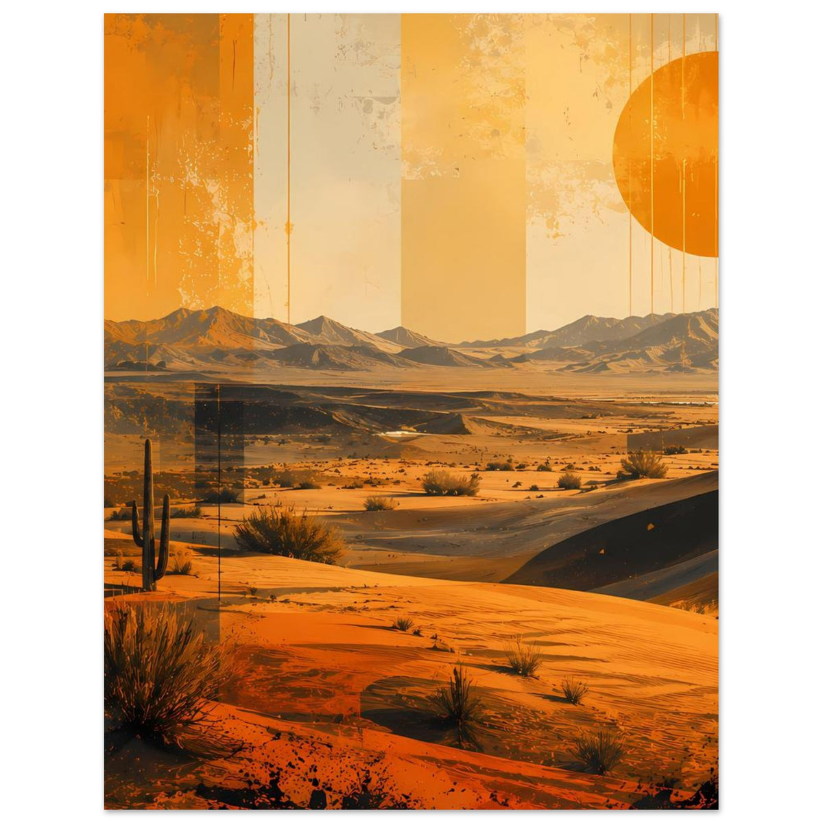 Retro-Poster mit Wüste und Kakteen, Sanddünen im Abendlicht und orangefarbener Sonne