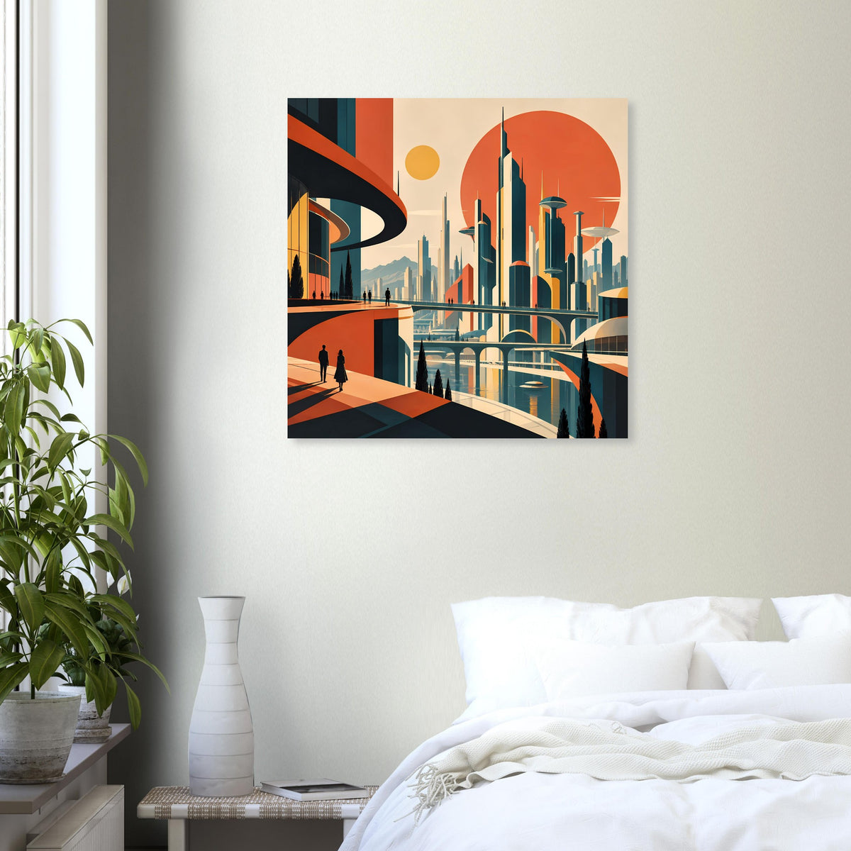 Retro-futuristischer Stadtposter mit Art-déco-Stadtansicht in Orange und Blau