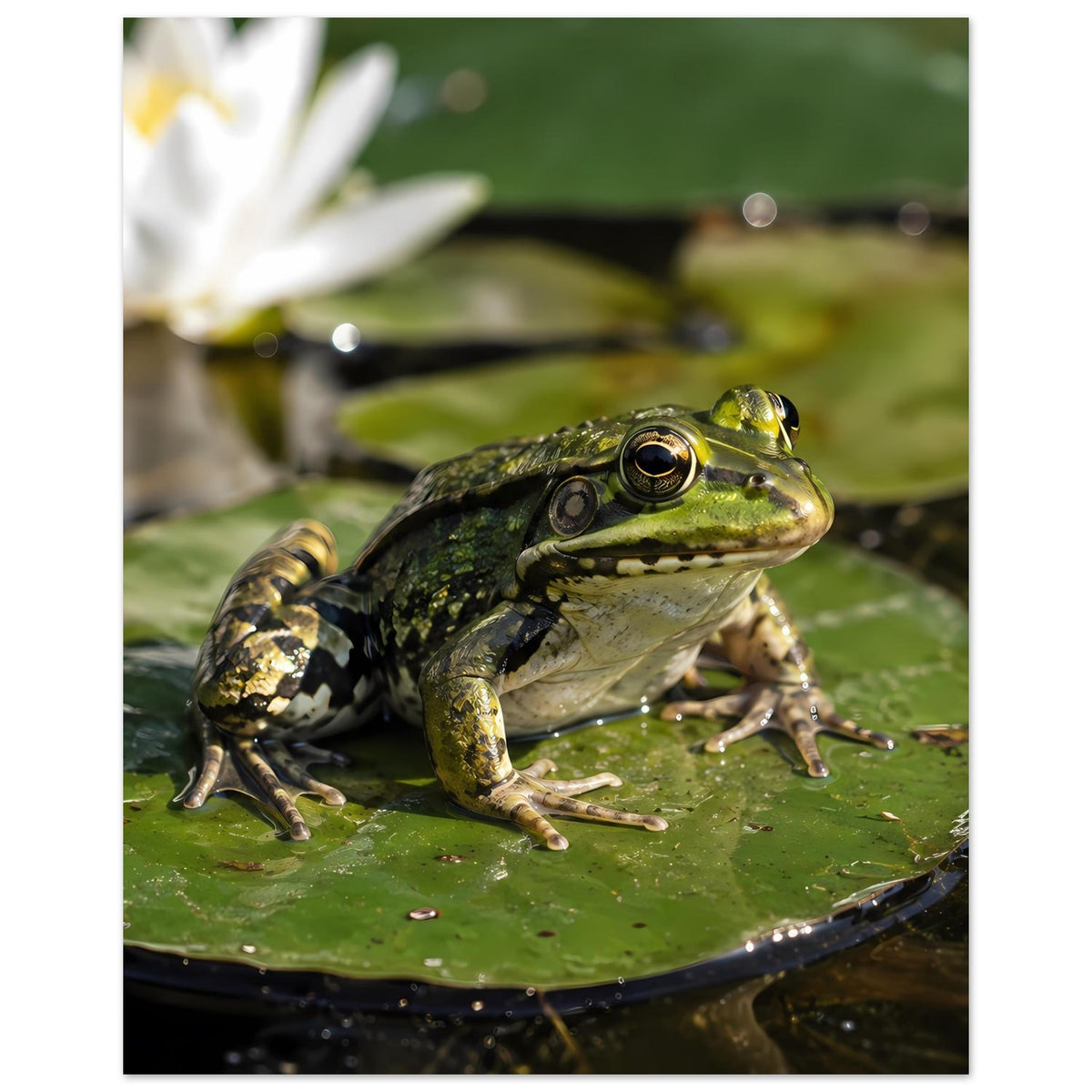 Poster mit Frosch auf Seerosenblatt, Vordergrundansicht mit mehreren Wasserpflanzen im Hintergrund