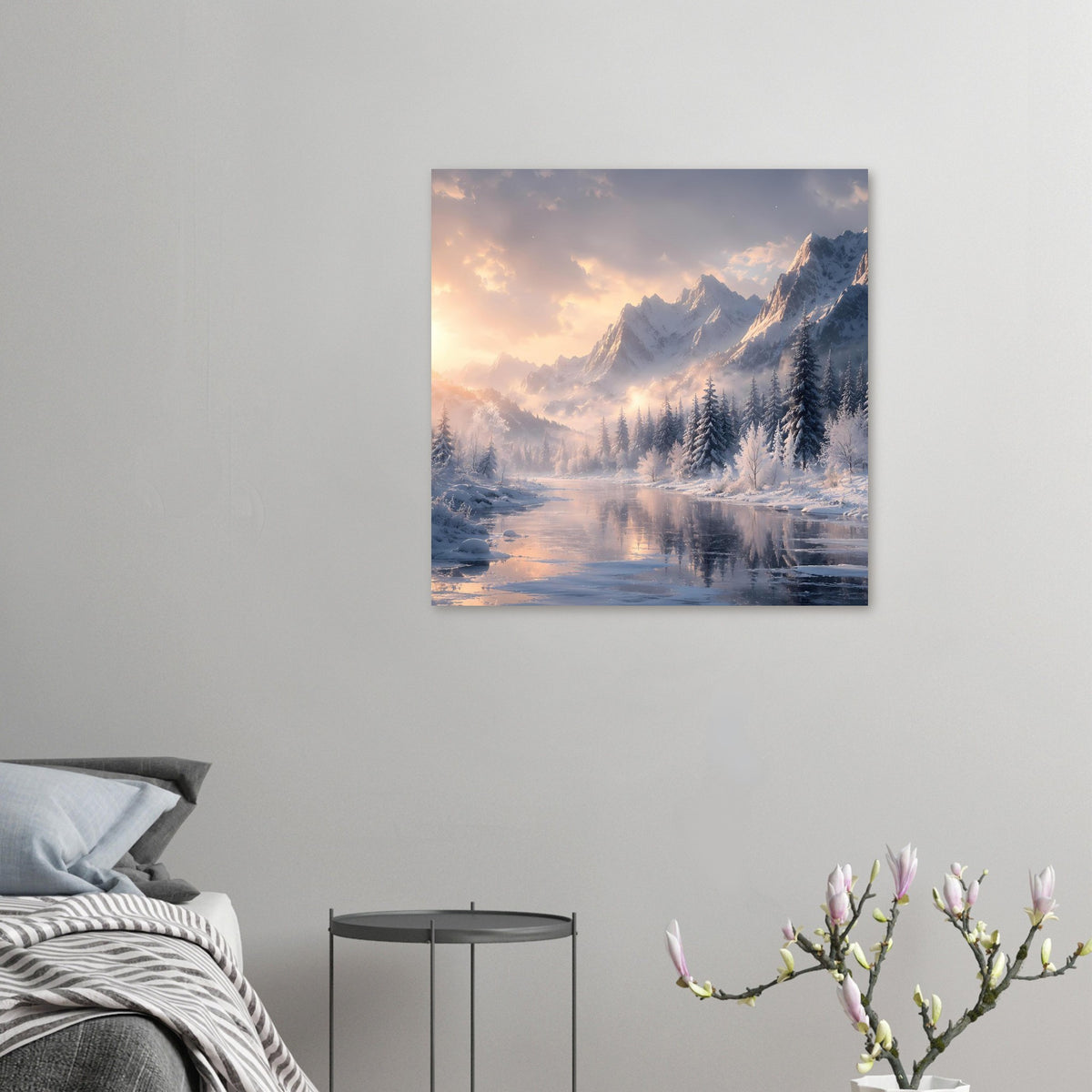 Kleines Winterlandschaftsposter an der Wand: Berge, Tannen und spiegelnder See.