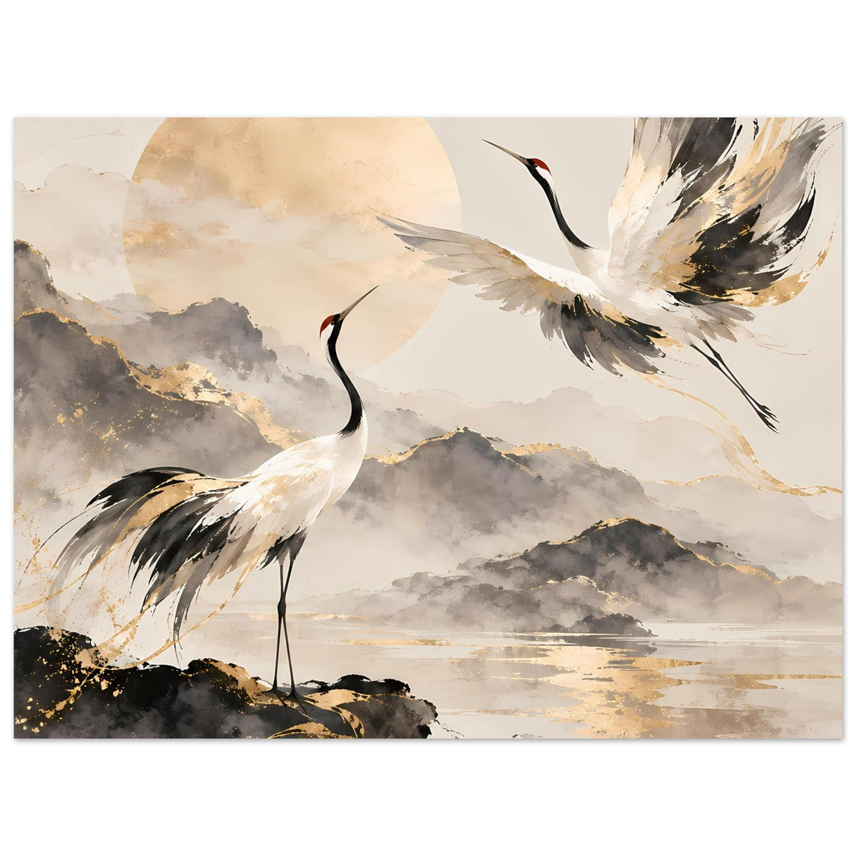 Poster mit Kranichen in Gold- und Grautönen, nahes Motiv mit Vogel links und Flügel rechts