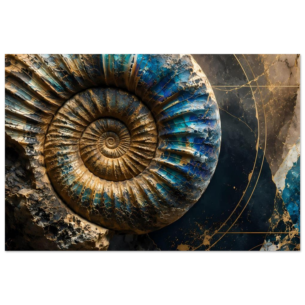 Kunstposter mit Ammonit-Fossil in Petrolblau und Gold, horizontal, Detailreiche Rillen