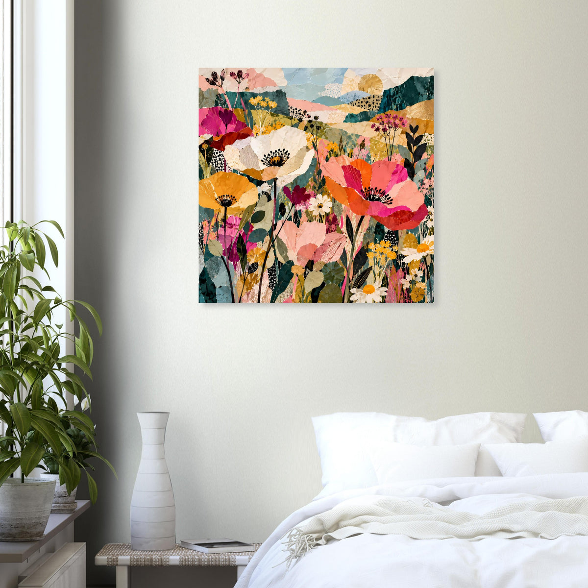 Quadratisches Poster mit Blumen und Blätter-Formen in kräftigen Farben