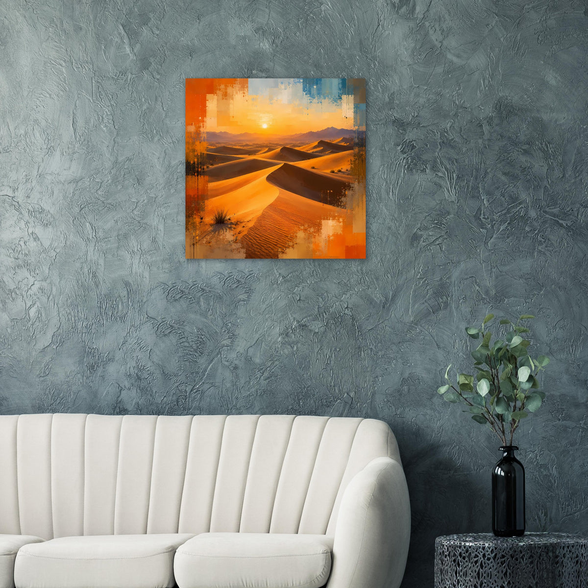 Poster mit Wüstenszene und untergehender Sonne, warme Orange- und Erdtöne