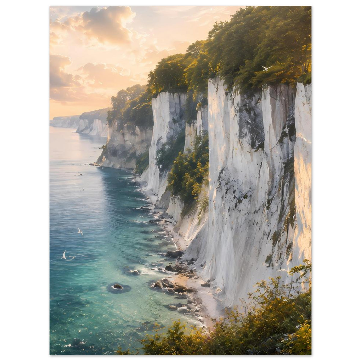 Gerahmtes Poster mit weißen Kreidefelsen, türkisblauem Meer und grünen Bäumen am Küstenhang