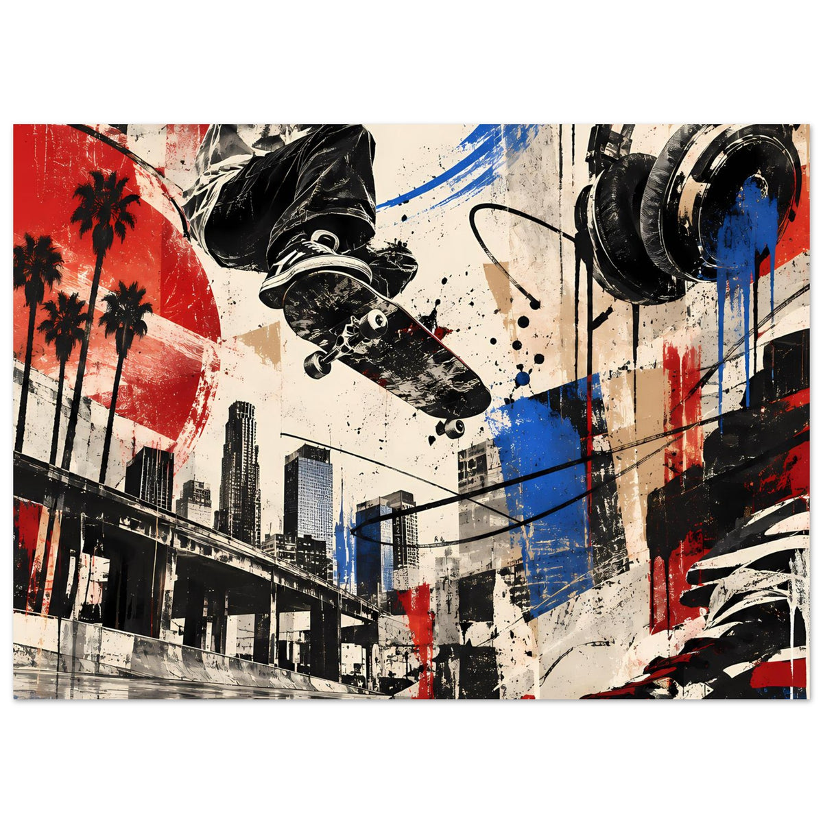 Urban-Skate-Poster im Querformat mit Stadtmotiv, Skateboarder und Farbakzenten