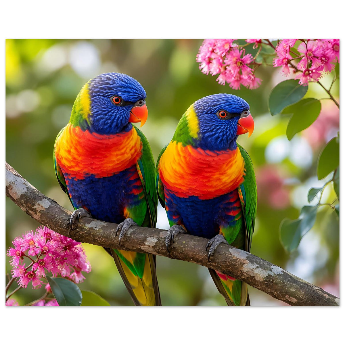 Poster: zwei Regenbogen-Lorikeets mit blauem Kopf, orange Brust, auf Holzast
