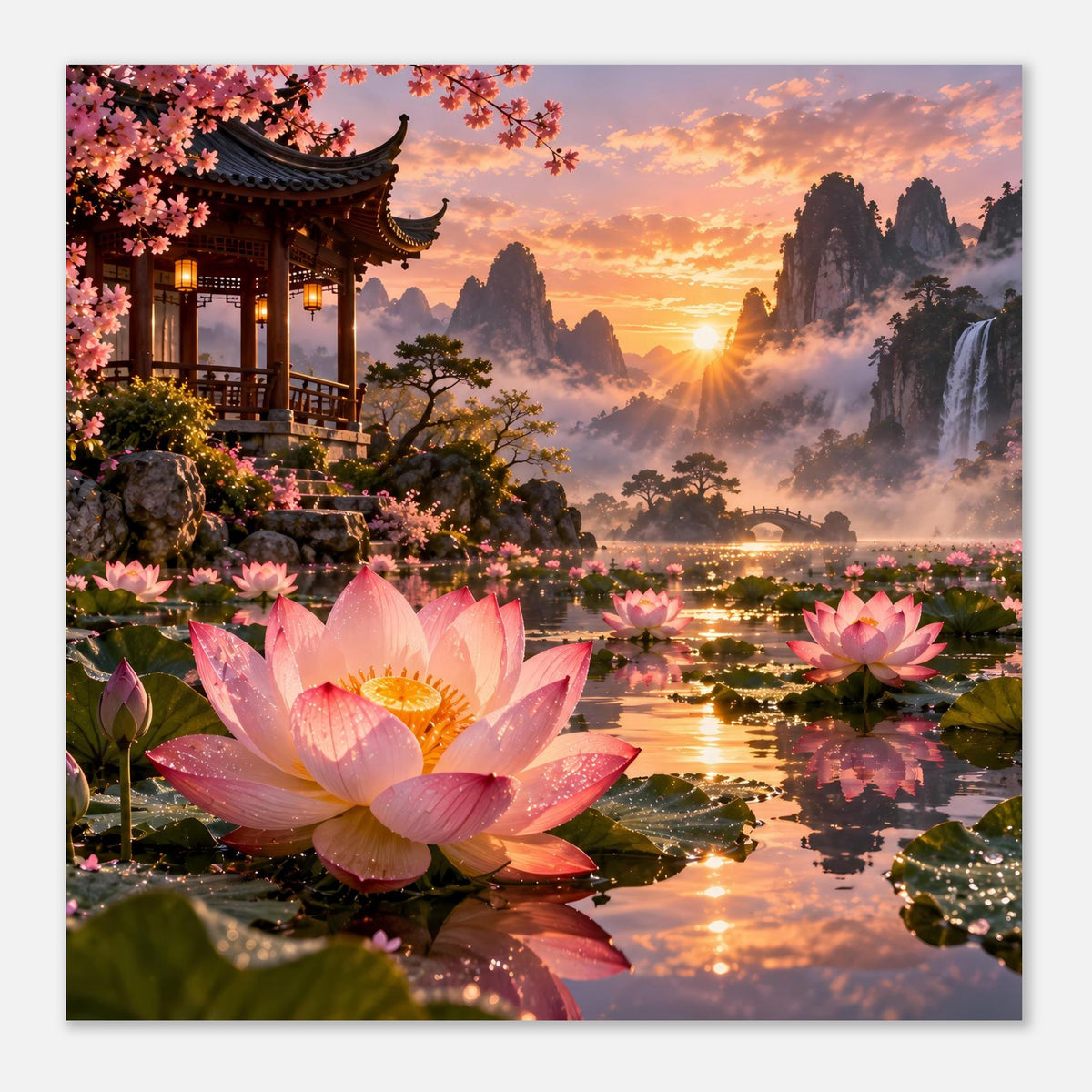 Quadratisches Poster mit rosa Lotusblüten, Tempelgebäude, Berge im Nebel und Sonnenaufgang