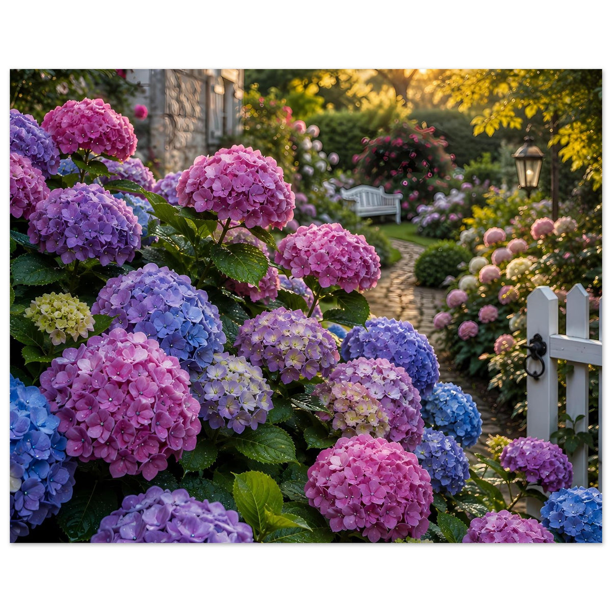 Poster mit bunten Hortensien und weißem Zaun, Gartenweg zwischen Blumenbeeten