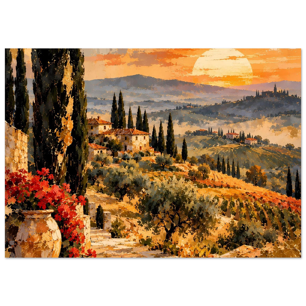 Toskana-Poster im Querformat mit Sonnenuntergang, Zypressenallee und Landschaftsblick