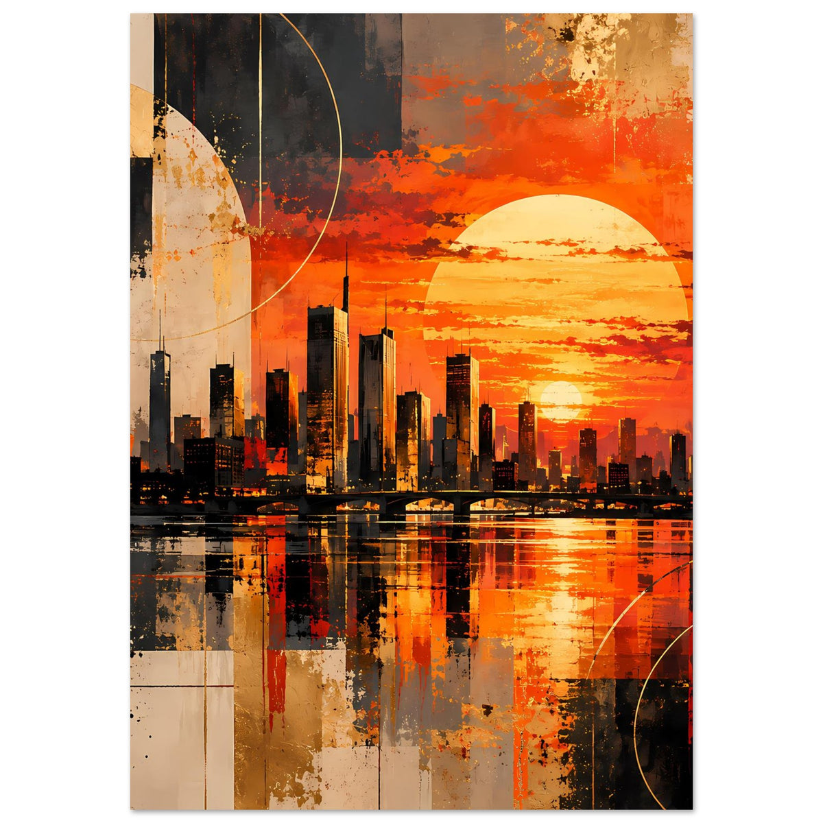 Poster, vertikal: dunkle Skyline mit orangefarbenem Sonnenuntergang und halbkreisförmigen Formen